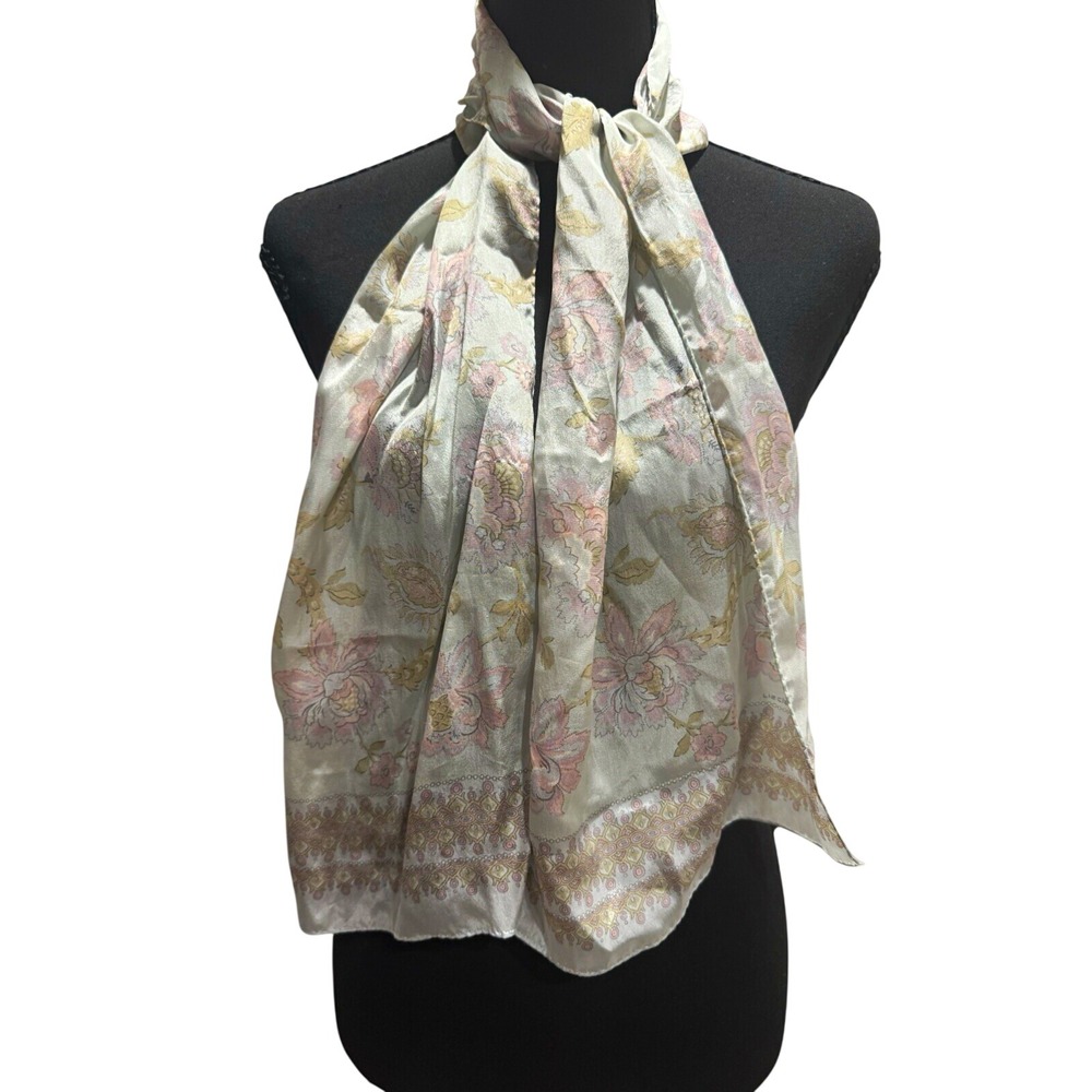 Vintage Liz Claiborne Women's Silk Satin Floral Rectangle Scarf Ivory Pink Beige